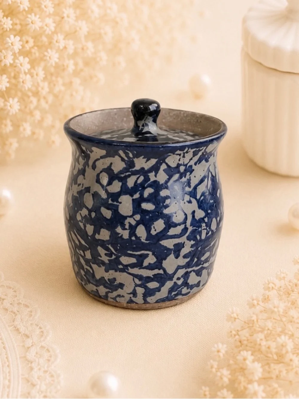 Bastine Pottery Indiana Blue Spongeware Stoneware Lidded Jar